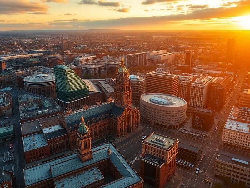 Aerial view of Leeds city centre at golden hour